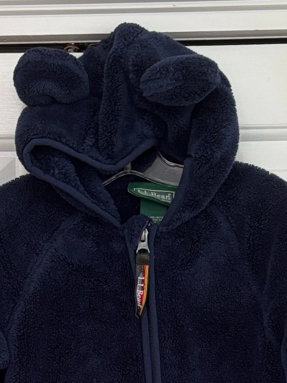 LL Bean Plush Navy Fleece One-Piece with Hood Size 12-18M EUC